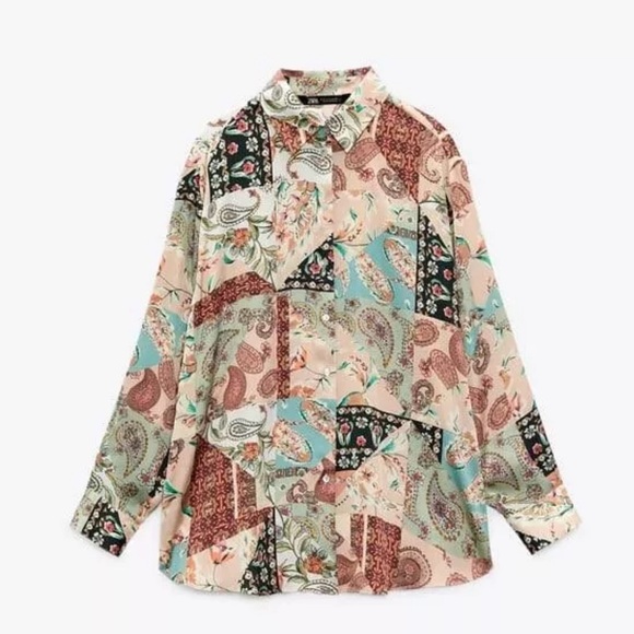 New Zara neutral satin effect paisley boho button down shirt S - Picture 3 of 7